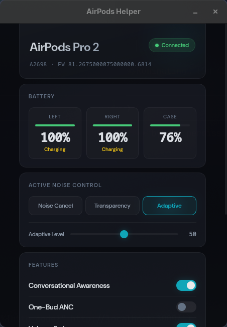 AirPods Helper desktop app showing battery levels, ANC controls, and feature toggles